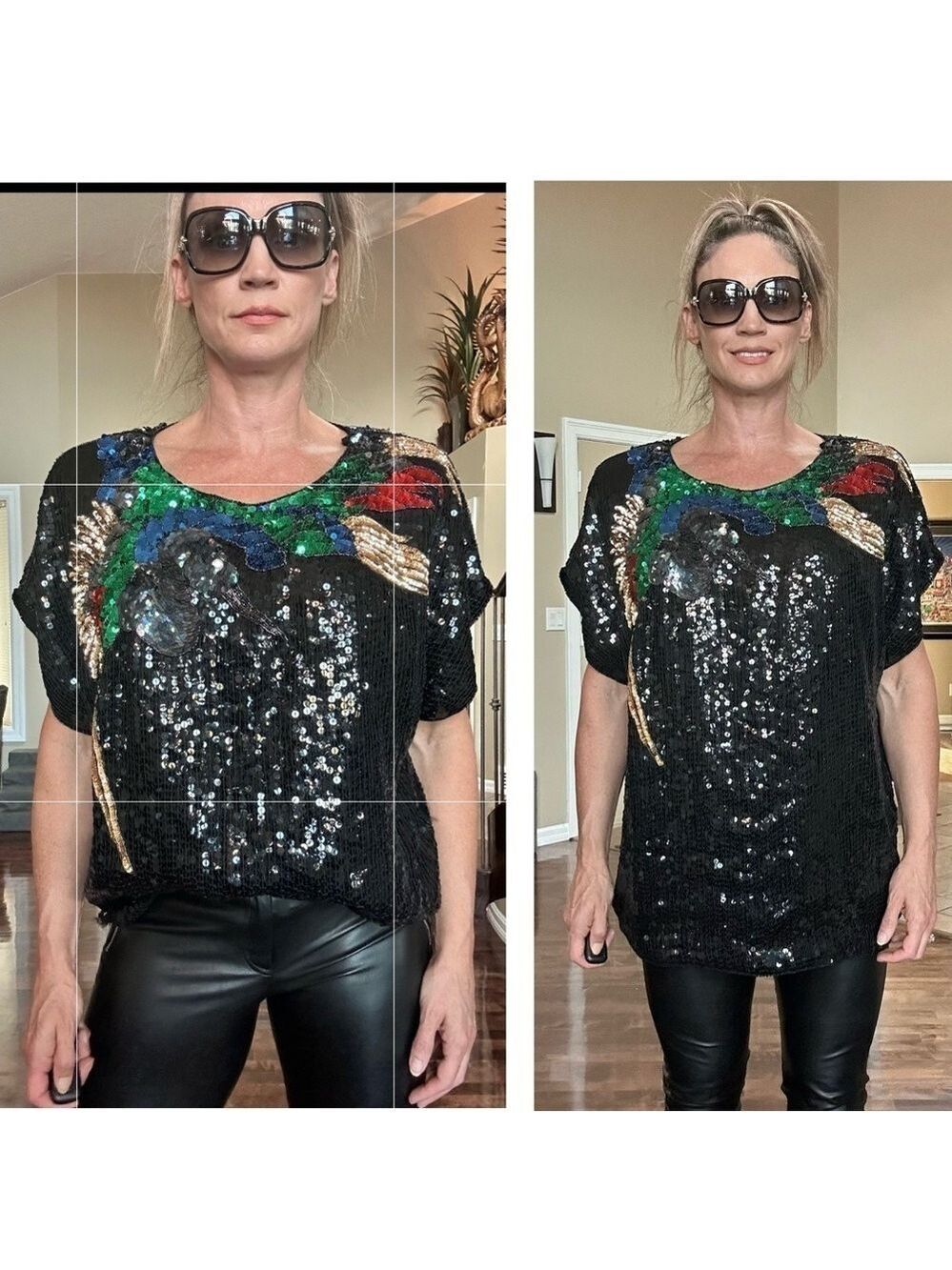 ANN GREEN rare vintage retro 70s 80s 90s sequin beaded bird short sleeve blouse